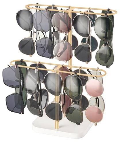 Mkono Sonnenbrillen-Organizer, Brillenhalter, Ständer für 24 Paar Brillen, 2 Ebenen, Sonnenbrillen-Aufbewahrung, Brillenständer, Metallrahmen mit Holzsockel, für Tisch, Schreibtisch, Arbeitsplatte,