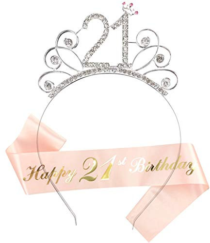 Ouceanwin Geburtstagskrone Schärpe Frau Deko Set, Kristall Tiara Krone 21. Geburtstag Frauen Deko Strass Haarreif Stirnband Geburtstag Geschenk für 21 Jahre Frau Geburtstag Party Deko