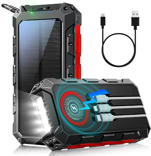 26800mAh Batterie Externe Solaire: 22.5W PD 3.0A USB C Power Bank Charge Rapide avec 3 Câbles, 7 Sorties/2 Entrées, 15W Chargement Sans Fil, Lampe de poche, Voyant LED, Chargeur Externe pour Téléphone