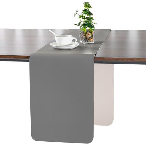 Myir JUN Tischläufer, Tischläufer Modern Tischläufer Abwaschbar Tischläufer Outdoor Doppelseitige Leder Tischläufer Wasserdicht rutschfest und zur Dekoration verwendbar 40 X 183 cm(Grau Beige)