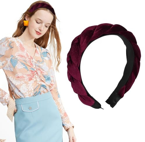 Haarreif Samt Geflochten Haarreifen Damen Stirnband Breit Haarband Vintage Gepolsterte Haarreifen Mode Stirnbänder Haarschmuck Kopfband für Frauen Mädchen Rot
