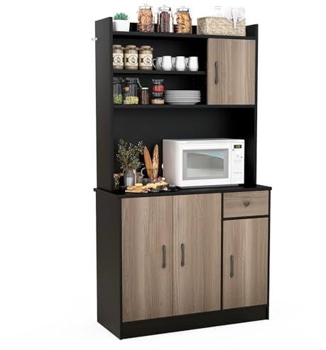 GOPLUS Küchenschrank, 180 cm hoher Vorratsschrank mit 4 Türen, Schublade & offenen Ablagen, Vitrinenschrank Geschirrschrank Buffetschrank Küche Hochschrank für Küche & Wohnzimmer (Schwarz)
