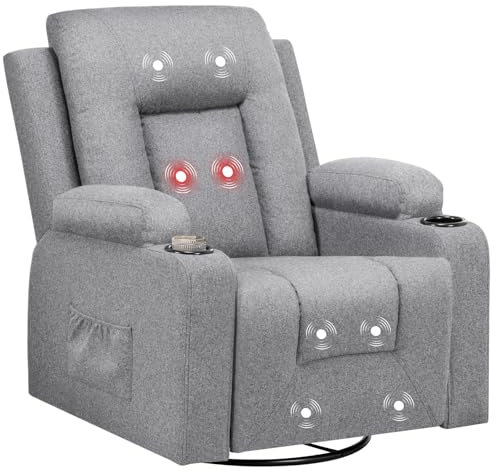COMHOMA Relaxsessel aus Stoff für Wohnzimmer mit Manuell Verstellbarer Rückenlehne, Ausziehbarer Fußstütze, 360° Drehfunktion, Becherhaltern, Seitentaschen und Ergonomischem Design, Dunkelgrau