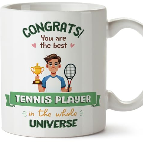 MUGFFINS Tennis Player Man Mug - in English - Best in Universe Trophy - Funny Gift for Colleagues - Ceramic 11oz Mug