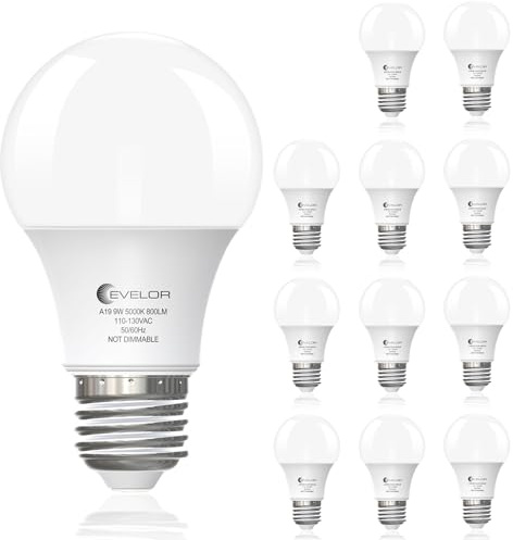evelor A19 LED Light Bulbs,60 Watt Equivalent,Daylight 5000K,12-Packs