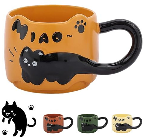 Katzentasse, Tasse Katze Keramik, Cute Mug, Süße Tasse, Teetasse Niedliche, Teacup Lustige, Kaffeebecher für Katzenliebhaber Geschenk für Frauen Freunde Kinder Weihnachten Geburtstag 380ML(Orange)