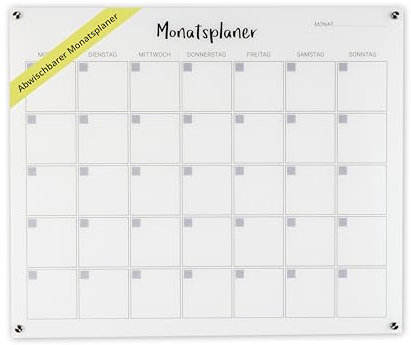Monatsplaner Acryl - beschreibbar & abwischbar - Wandplaner und Familienplaner mit Abstandshaltern - ideale Haushalts- und Planungstafel für Eltern - Wandkalender – Größe: 50x38 cm – Transparent