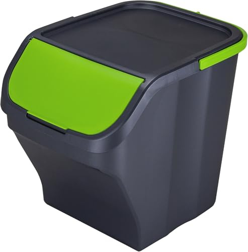 Poubelle de Tri Sélectif 25L - Plastique Recyclé – Empilable - Poignée – Couvercle Vert Amovible – 40x30x34 cm – Fabriqué en Italie - M home by Mazzei Mondex