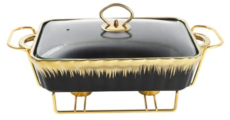Reldor Ceramic Food Warmer with Gold Wire Stand and Lid for Heat & Moisture Retention, 15 Inch Rectangular Chafing Dish for Buffet, Ideal for Weddings, Parties, Catering Events (Black & Gold)