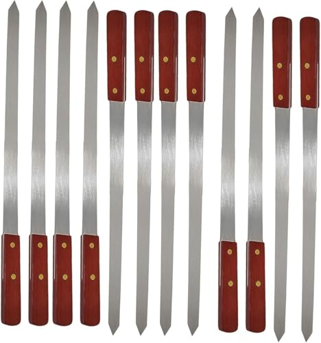 MIXEL Stainless Steel Flat Kebab Skewers, Secure Holding, Versatile Use, Ideal for Both Indoor and Outdoor Grilling, BBQ Skewers with Wooden Handle, Ergonomic Design (12 PCS)
