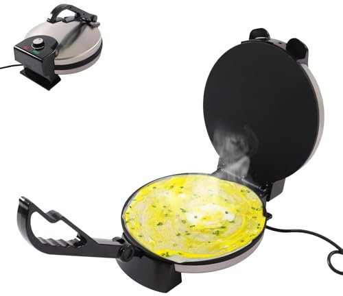 ACROSSPART 1800W Elektrische Edelstahl Tortilla Presse, Antihaft Crepes Maker, Multifunktionale Elektrische Pfannkuchen Maker, Doppelseitige Heizung, Temperatur Einstellbar bis zu 200°C/392°F