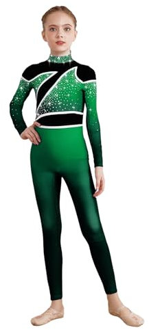 FEESHOW Mädchen Ganzkörper Turnanzug Langarm Glitzer Gymnastik Trikot Mit Strass Und Patchwork Kinder Ballett Tanzkostüm Grün 134-140