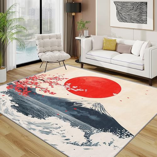 Generisch Japanisch Teppich, Ukiyo-E Fuji Rote Sonne Kleiner Teppich, Kirschblüten Wellen Waschbar Kurzflor Weich Teppiche Eingangsbereich Innen Küche, 60x90 cm, Rot Blau Weiß