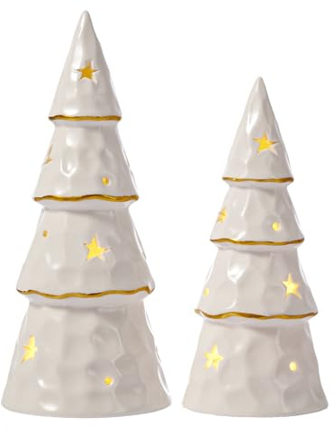 DN DECONATION Keramik Weihnachtsbaum mit Licht, 2er Set Weiß-Goldene Tischdekoration, Batteriebetriebene Weihnachtsbaum-Figuren für Kaminsims, Schreibtisch & Bürodekoration