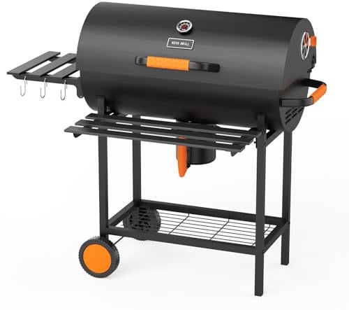 KEYO GRILL 29 Zoll Holzkohlegrill - 537 Sq In, Tonnenförmiger Grill mit Zentrale Holzkohle-Kohlebecken & Abnehmbarer Ascheauffang. Ideal für Garten, Schuppen, Terrasse