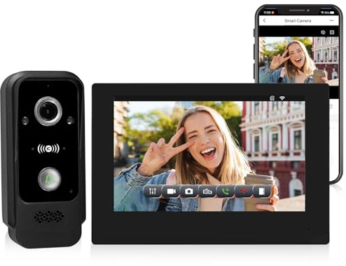 FTes RFKits Videocitofono a 2 Fili, con Schermo da 7Pollici,Tuya WiFi,HD 1080P Telecamera-Grigio,Visione Notturna a Infrarossi,Rilevamento del Movimento,Sblocco Tramite APP Intelligente/Scheda RFID