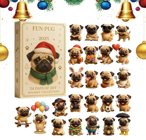 SVCEQZE Adventskalender 2025 Mops Lustige, 2D Acryl Bulldogge Figuren Hängende Ornamente, 24 Tage Weihnachten Adventskalender Countdown, Countdown Kalender Mops Christbaumschmuck
