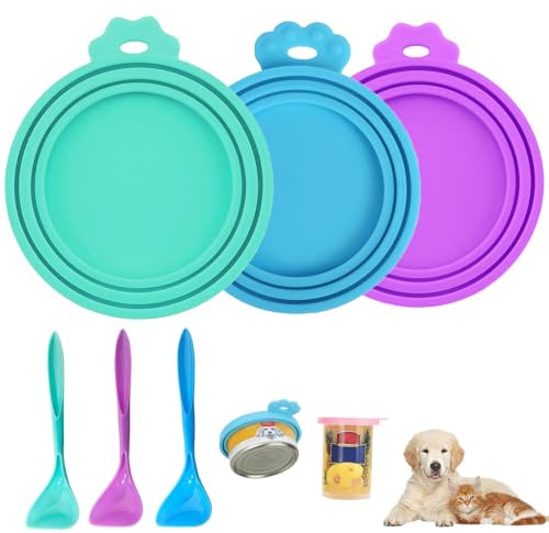 3er Set Dosendeckel Katzenfutter Mit Löffeln- Frischhalte Deckel Für Katzenfutterdosen Mit 3 Katzenfutter Löffel - Lebensmittelechte Silikon Deckel Für Dosen in Blau, Grün & Lila
