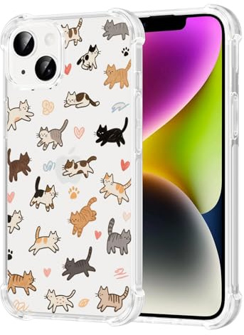 Yoedge Cute Case for iPhone 14/iPhone 13 6.1, Cat Girly Aesthetic Pattern Design, Transparent Anti-yellowing Slim PC Shockproof Protection Cover for Girls Women