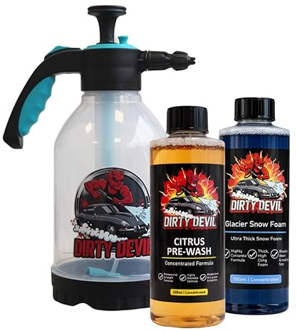 Dirty Devil Snow Foam Car Wash Kit – Glacier Snow Foam 500ml, Citrus Pre-Wash 500ml & 2L Pump Foam/Pressure Sprayer – pH Neutral Car Cleaning Set