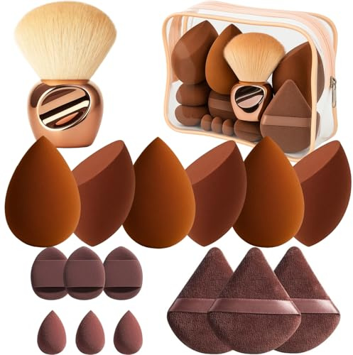 Bafutayawa Makeup Sponge Set 17 Pieces Brown with Kabuki Brush and Bag Makeup Sponge Powder Puff Triangular Finger Puff for Foundation Powder Soft Coffee
