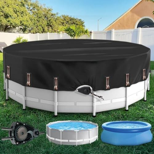 Bâche solaire ronde pour piscine hors sol avec système de serrage breveté à cliquet, résistante à la déchirure, polyester Oxford de 150 kg, 3 à 5 m de diamètre, noir (4,9 m)