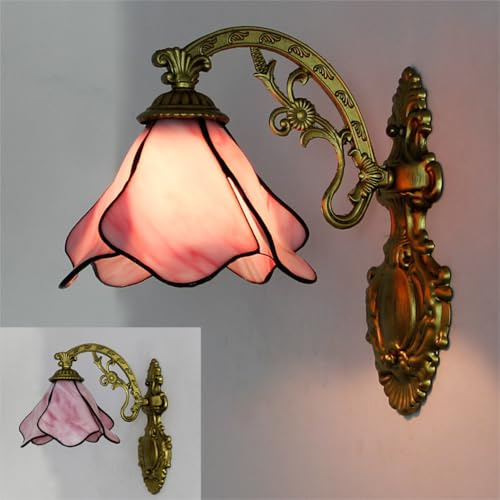 XINYASEE Tiffany-Wandlampe, Wandlampe aus Buntglas, Bronzesockel, Lampenschirm im Vintage-Blumen-/Muscheldesign, dekorative Leuchte für Schlafzimmer, Flure und Bars. (Rosa)