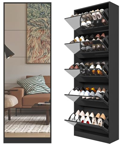 staronce Schuhschrank schmal & Schuhkipper mit Spiegel – Verspiegelter Flurschrank mit 5 Klappfächern, ultradünnes Design, freistehend, für 30 Paar Schuhe, für Flur & Eingangsbereich, Schwarz