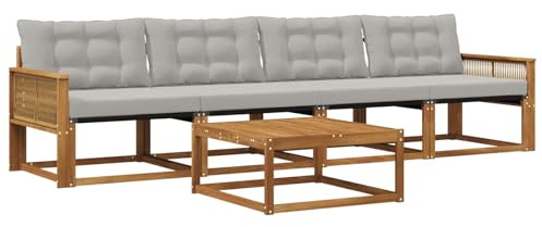 vidaXL Outdoor-Sofagarnitur mit Kissen 5 pcs Natürlich und Hellgrau, Garten, modernes Outdoor-Sofa, Lounge-Set für die Terrasse, stylisches Möbel, bequemes Sitzen