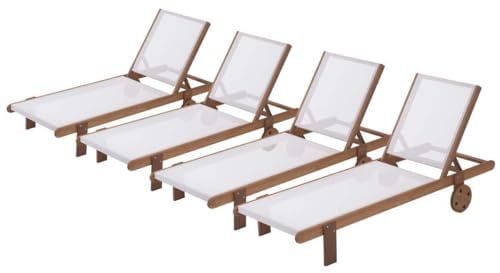Habitat et Jardin - Lot de 4 Bains de Soleil en Bois Exotique et Textilène Saïgon - Chaises de Jardin, Piscine et Balcon - Transats avec Dossier Inclinable + 2 Roues Arrières - Ecru