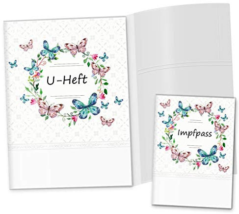 OLGS U-Heft und Impfpasshülle Set 3-teilig | Blumenkranz Blumen | Hüllen für den Untersuchungsheft & Impfpass | personalisiertes Babygeschenk (U-Heft Set 3-teilig personalisiert, Schmetterling)