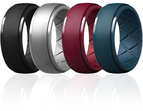 Egnaro Silikonring für Herren, 7 Ringe / 4 Ringe / 1 Ring Stufenkante Gummi Eheringe 8,5 mm breit - 2,5 mm dick