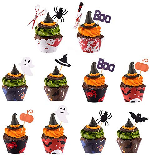 TUPARKA 54 Pcs Halloween Cupcake Toppers Wrappers Halloween Spider Pumpkin Ghost Hand Cake Decorations Supplies