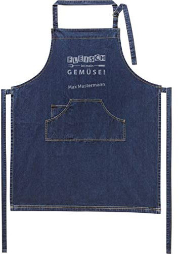 Jeans-Schürze mit Namen - Motiv Fleisch - lustig - viele Motive - Kochschürze - Grillschürze - personalisiert - dunkelblau - Größe 75x90 cm - persönliches Geschenk - mit Wunschname - mit Wunschmotiv