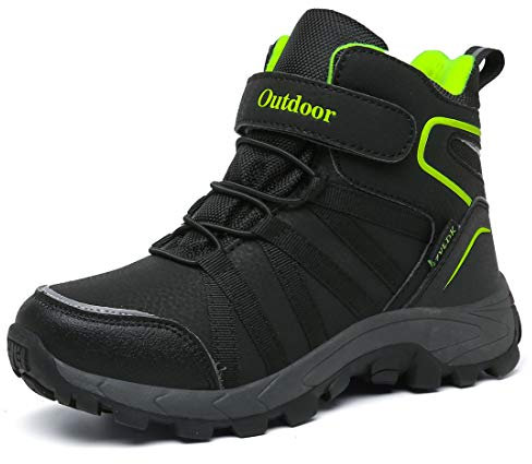 ZYLDK Winterstiefel Kinder Winterschuhe Wanderschuhe Schneestiefel Jungen Warmfutter Wasserdicht Baumwollschuhe Mädchen Trekking Snowboots Mit Klettverschluss,Schwarz-Grün,33 EU