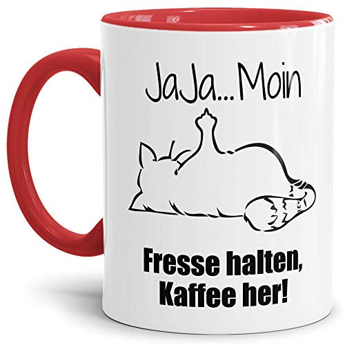 Tasse mit Spruch - Nö-Katze Ja Ja Moin - lustige Tasse für die Arbeit/Bürotasse/freche Tasse mit Katze/Geschenkidee lustig - Innen & Henkel Rot
