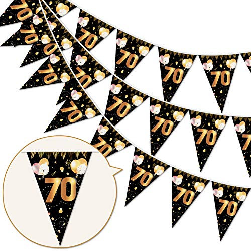 HOWAF 70. Geburtstag Banner Girlande 70 Wimpel Girlande Bunting zum Aufhängen Wimpelkette für Frau Mann 70. Geburtstag Party Dekoration Geburtstags Deko Schwarz Gold