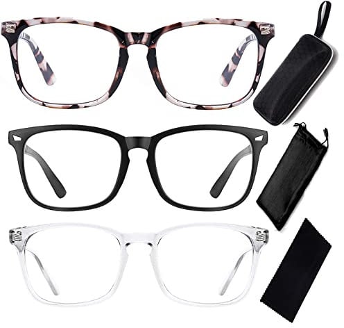 Y&D 3 Pack Blue Light Blocking Glasses with Case & Bag Kit, Non-Prescription Lens Clear Frame Gaming Computer Reading Glasses for Women & Men - Anti Eyestrain (Leopard Print)