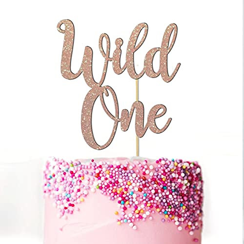 WILD ONE Cake Topper for Baby Boy or Baby Girl First 1st Happy Birthday Party Decoration Multicolour Glitter Card (Rose gold)