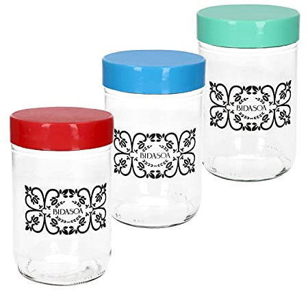 MamboCat Lot de 3 bocaux de conservation Ida avec couvercle en plastique coloré I Ø 8,7 cm I 0,5 l I I Bleu azur, corail, menthe I Récipient en verre rechargeable I Boîtes rondes