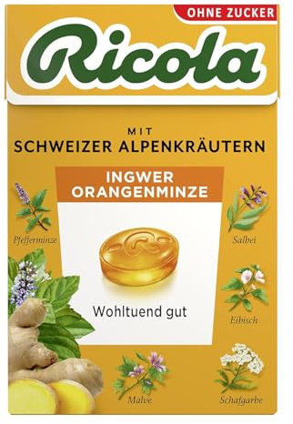 Ricola Ingwer Orangenminze, 50g Böxli Original Schweizer Kräuter-Bonbons mit 13 Alpenkräutern, fruchtiger Orange & Ingwer, zuckerfrei, 1 x 50g, vegan
