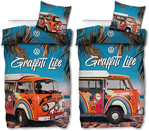 VW Volkswagen Bulli Bettwäsche Graffiti Life 135 cm x 200 cm + 80 cm x 80 cm 100% Baumwolle Renforcé-Linon-Qualität VW-Bus T1 Camper Van 2 Motive Retro Beach Wendebettwäsche Reißverschluss 185