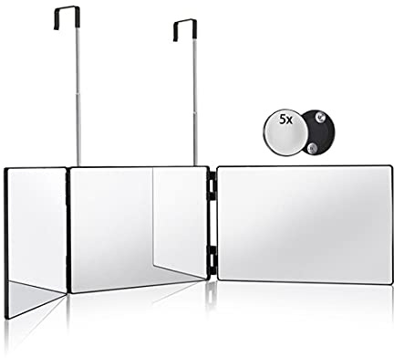 HIEEY Miroir 3 voies pour coupe de cheveux, miroir à trois volets à 360° avec crochets télescopiques réglables en hauteur, et miroir grossissant x5, pour le maquillage, la coiffure