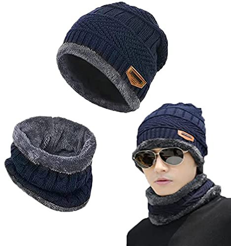 AOMAIGAD Wintermütze,Winter Beanie Mütze,Classics Mütze Herren Damen,Wintermütze und Schal-Set,Dicker, Weicher, Doppelschichtiger Plüschfutterhut und Halswärmer für Herren und Damen (blau)