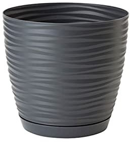 Acan Tradineur - Maceta Redonda con Plato - Diseño Sahara (Ø 19 cm) - Fabricado en plástico - Ideal para jardín Exterior, terraza o balcón - Color Antracita