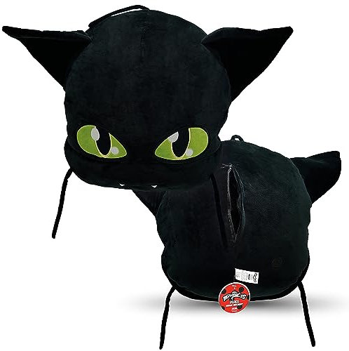 Miraculous Ladybug - Huggie Hideaway Plagg, 16.5-inch Black Plush Pillow, Super Cute Soft Stuffed Toy for Kids with Large Zipper Secret Pocket in the Back (Wyncor)