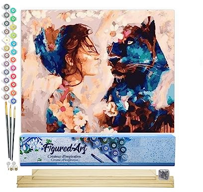Figured'Art Peinture par Numéro Adulte Complicité Femme et Panthère Noire - Activité Manuelle Kit de Loisir Créatif DIY Numéro d'Art Complet - 40x50cm avec châssis en bois à monter