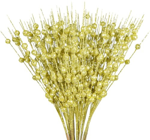 12 Piezas Decoración Ramas de Bayas Brillantes Tallos de Bayas Artificiales Dorado Bayas Ramas Bayas Navideñas de Acebo Falso Tallos Bayas de Navidad para Decoración de Invierno Árbol de Navidad,40CM