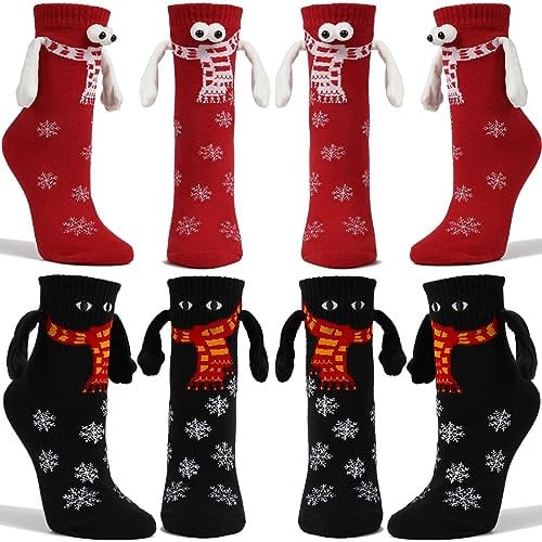 Dihope 4 Paar Lustige Magnetische Weihnachten Socken,3D-P-Uppen-Paar-Weihnachtssocken,Unisex Hand in Hand Socken mit Magnetarmen,Funny Freundschaftssocken für Damen und Herren