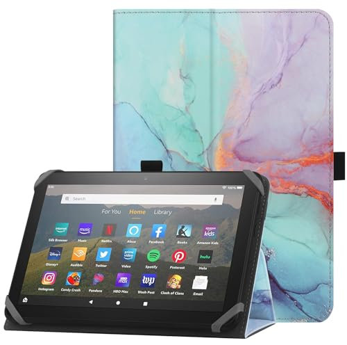 HoYiXi Universelle Hülle für 7-8 Zoll Tablette Fire HD 8 2020/2022 & Fire HD 8 Plus 2020/2022 mit Ständer Folio und Handschlaufe Schutzhülle für 7-8 Samsung Lenovo Android Tablette - Blau Marmor